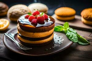 a stack of cakes with raspberries and mint. AI-Generated photo