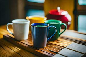 four colorful coffee cups on a wooden tray. AI-Generated photo