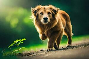 a golden retriever walking on a dirt road. AI-Generated photo