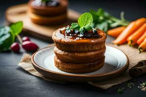 a stack of mini pancakes with a garnish of herbs. AI-Generated photo