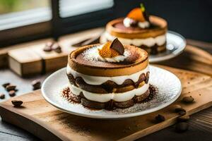 two desserts on a wooden table. AI-Generated photo