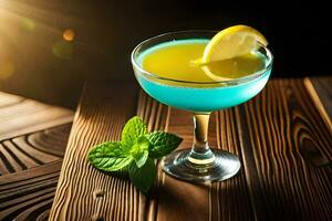 blue cocktail with lemon and mint on a wooden table. AI-Generated photo