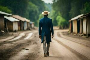 un hombre en un sombrero y traje camina abajo un suciedad la carretera. generado por ai foto