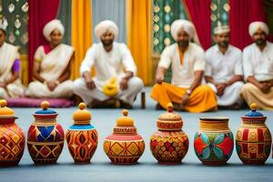 a group of people in turbans sitting around colorful vases. AI-Generated photo