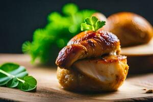 a close up of a scallop on a wooden cutting board. AI-Generated photo