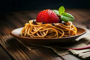 spaghetti with strawberries and basil on a wooden table. AI-Generated photo