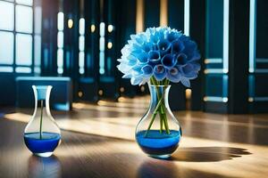 blue flowers in vases on a wooden floor. AI-Generated photo