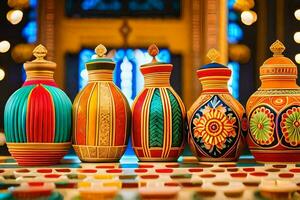 colorful vases on a table with a window in the background. AI-Generated photo