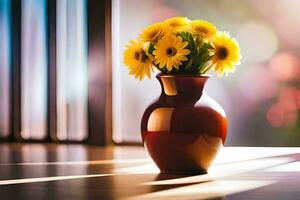 a vase with yellow flowers sitting on a table. AI-Generated photo