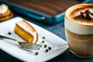 a cappuccino with a slice of cake and a spoon. AI-Generated photo