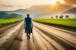 a man walking down a dirt road in the middle of a field. AI-Generated photo