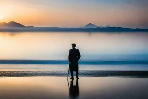 un hombre en pie en el playa a puesta de sol. generado por ai foto