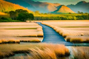 a wooden path leads to a marshy field with mountains in the background. AI-Generated photo