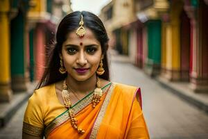 a beautiful indian woman in an orange sari. AI-Generated photo