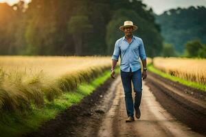 un hombre en un sombrero camina abajo un suciedad la carretera. generado por ai foto