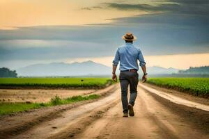 a man walking down a dirt road in a field. AI-Generated photo