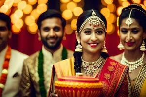 a woman in traditional indian attire holding a pot. AI-Generated photo