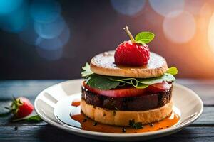 a strawberry on top of a burger on a plate. AI-Generated photo