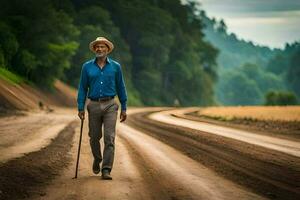 an old man walking down a dirt road. AI-Generated photo