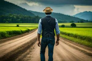 a man in a hat walks down a dirt road. AI-Generated photo