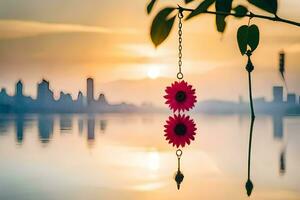 a red flower hanging from a tree branch over a body of water. AI-Generated photo