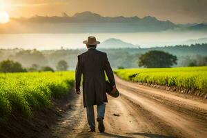 a man in a hat walks down a dirt road in a rice field. AI-Generated photo