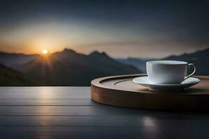 coffee cup on the table with mountains in the background. AI-Generated photo
