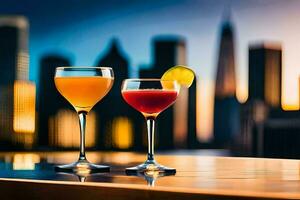 two cocktails sit on a table in front of a city skyline. AI-Generated photo