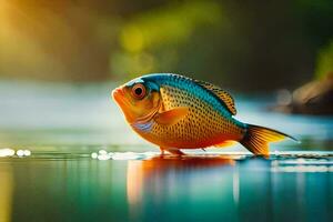 a fish is standing on the water with the sun in the background. AI-Generated photo