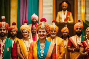 a bride and groom in colorful turbans pose for a photo. AI-Generated photo