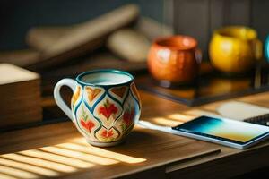 a coffee mug and a smartphone on a wooden table. AI-Generated photo