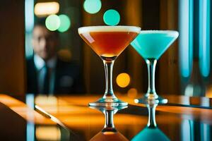 two cocktails sit on a bar with a man in the background. AI-Generated photo