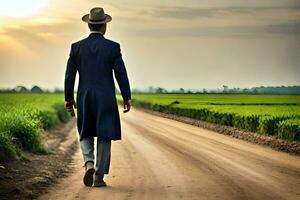 un hombre en un traje y sombrero camina abajo un suciedad la carretera. generado por ai foto