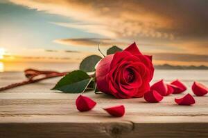 a red rose on a wooden table with a sunset in the background. AI-Generated photo