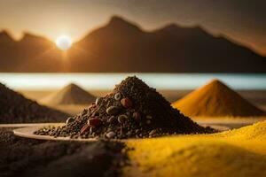 the sun setting over a mountain range with spices. AI-Generated photo