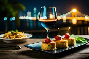 un plato con comida y vino en un mesa. generado por ai foto