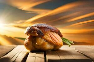 a chicken wrapped in bacon on a wooden table. AI-Generated photo