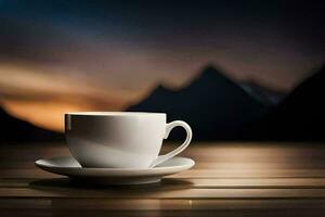 coffee cup on a wooden table with mountains in the background. AI-Generated photo