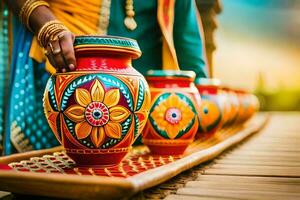 a woman is holding a tray with colorful pots. AI-Generated photo