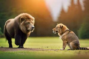 two lions standing in the grass with the sun in the background. AI-Generated photo