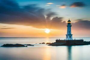 a lighthouse is shown at sunset with a long exposure. AI-Generated photo