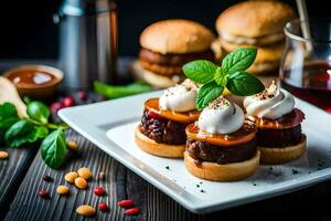 small hamburgers with toppings on a white plate. AI-Generated photo