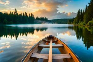 un canoa es flotante en el calma aguas de un lago. generado por ai foto