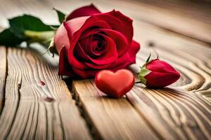 un rojo Rosa y un corazón en un de madera mesa. generado por ai foto