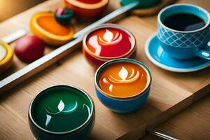 colorful cups of coffee and a knife on a table. AI-Generated photo