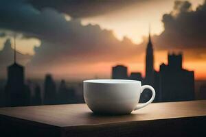 coffee cup on the table with cityscape in the background. AI-Generated photo