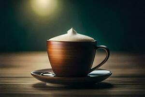 a cup of cappuccino on a wooden table. AI-Generated photo
