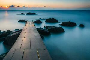 a long exposure photograph of a pier in the ocean. AI-Generated photo