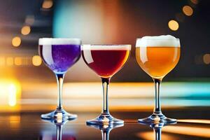 three different colored drinks in glasses on a table. AI-Generated photo