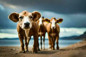 Tres vacas en pie en el playa con oscuro nubes en el antecedentes. generado por ai foto